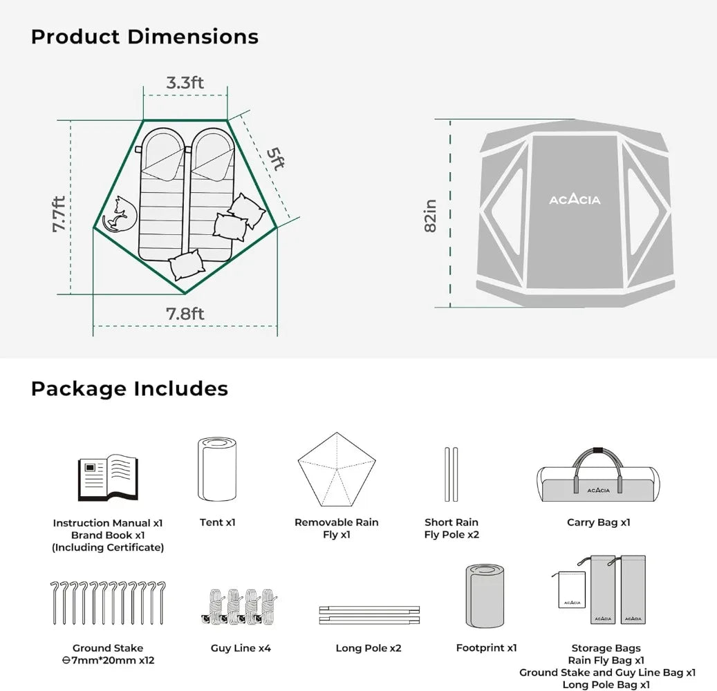 Camping Tent, 2-3 Person Pop Up Tent for Camping with 6'10'' Height