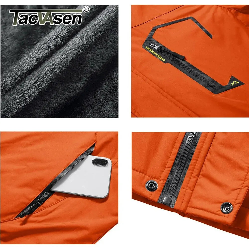 TACVASEN Winter Mens Skiing Jacket Hood Waterproof Hiking Fishing Travel Fleece Jacket Snowboard Coats Outdoor Parka Windbreaker