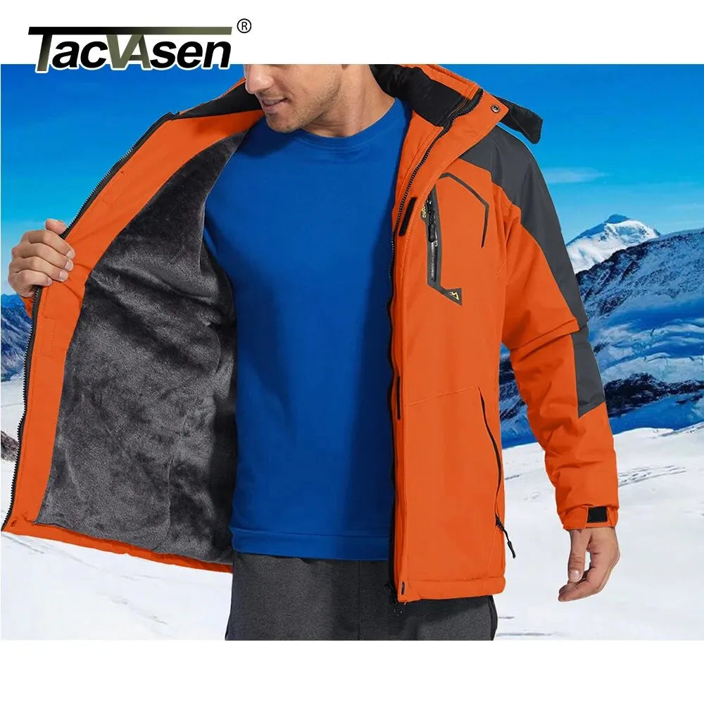 TACVASEN Winter Mens Skiing Jacket Hood Waterproof Hiking Fishing Travel Fleece Jacket Snowboard Coats Outdoor Parka Windbreaker